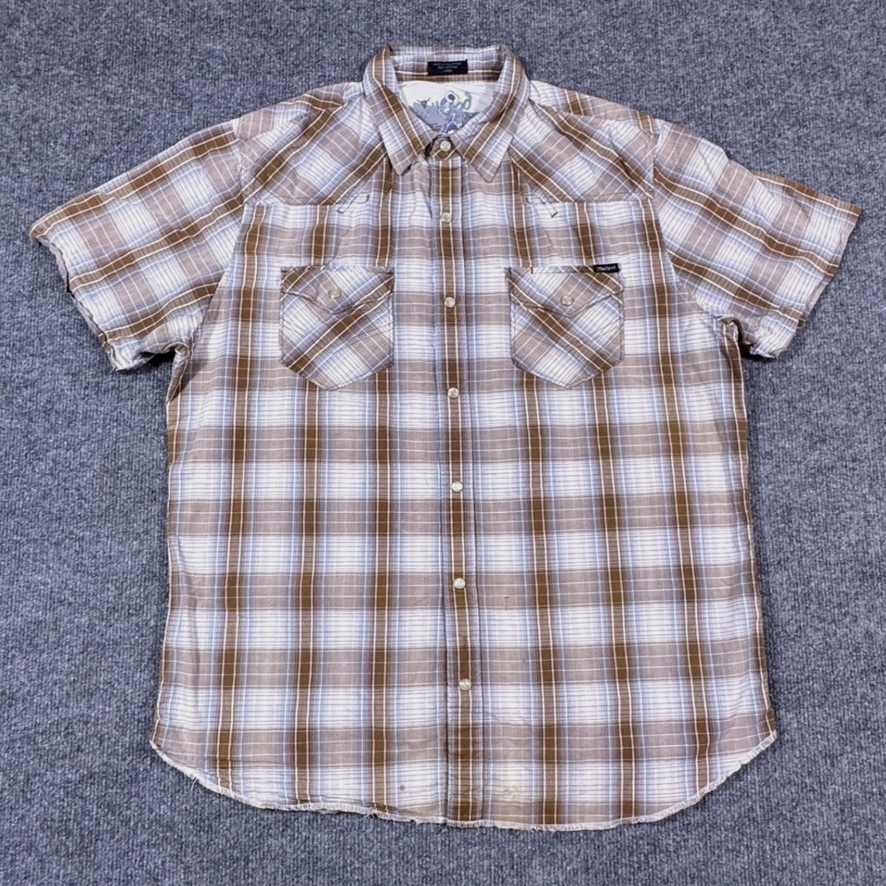 Bullhead Mens Large Brown Plaid Pearl Snap Button Shirt Short Sleeve‎